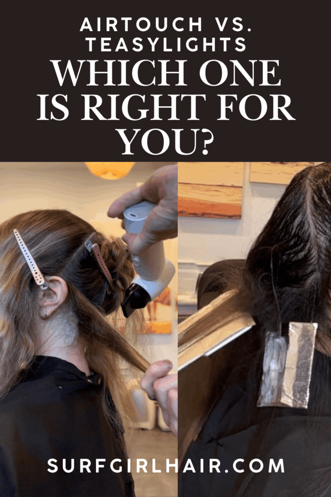 Airtouch vs. Teasy lights -highlighting techniques on brunette hair showing soft blended color and dimensional ribbons