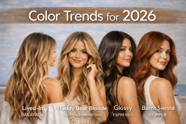 2026 hair color trends in Thousand Oaks, Simi Valley, Weslake Village, Ventura County featuring lived-balayage, bronde, Teddy Bear Blonde glossy brunette tones