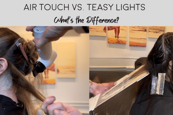 Airtouch vs. Teasy lights -highlighting techniques on brunette hair showing soft blended color and dimensional ribbons